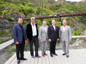 Kawarau Bungy Centre lower viewing deck (L to R)  -- AJ Hackett Bungy CEO David Mitchell with directors Mike Davies, Henry van Asch, Prime Minister John Key and Andrew Brinsley.